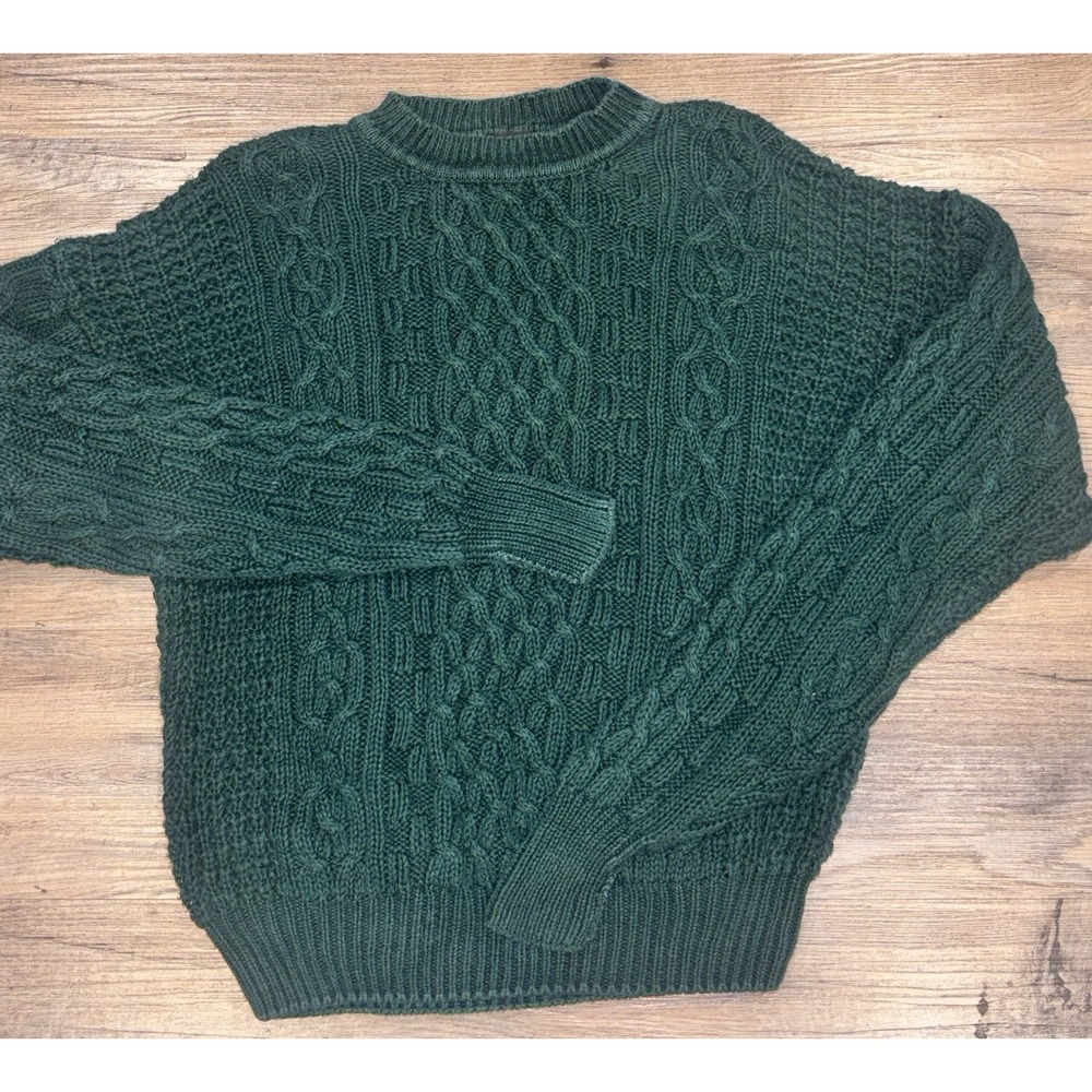 Vintage 90s Structure Cable Knit Sweater Men S Green Ramie Cotton Heavy Chunky